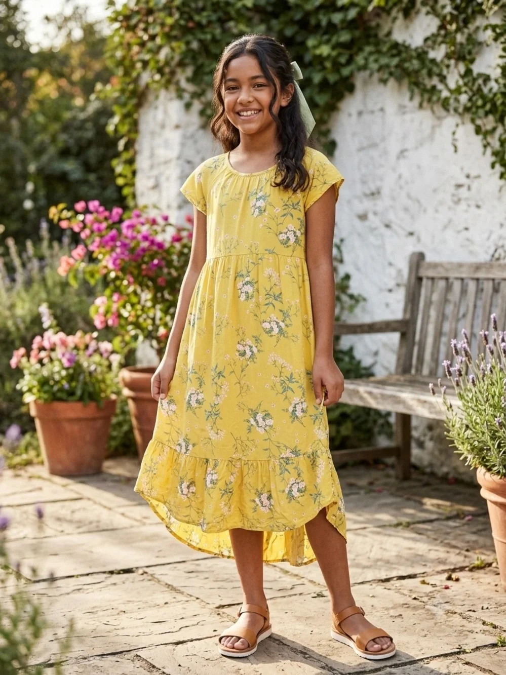 Old Navy Girls Yellow Floral Tiered Dress XL 14